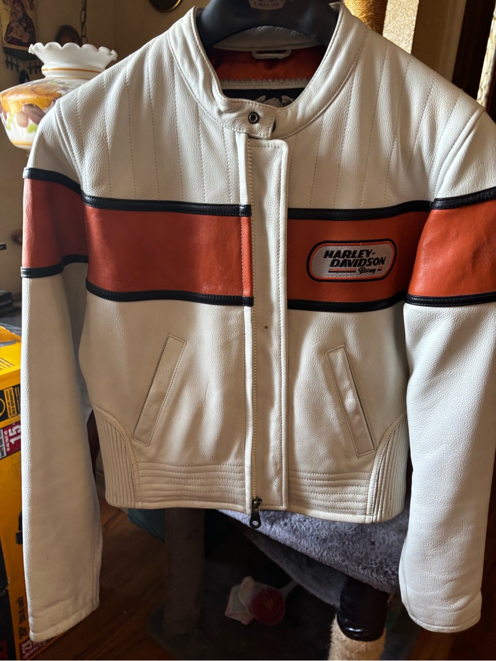 Harley-Davidson White and Orange Women's Leather Riding Jacket